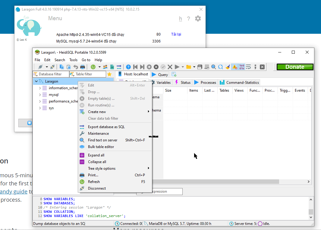 Tạo được database như thế này là xong bạn có thể đóng cửa sổ này lại